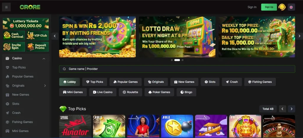 Crore Game app home screen showing game icons, wallet balance, and featured game banners.